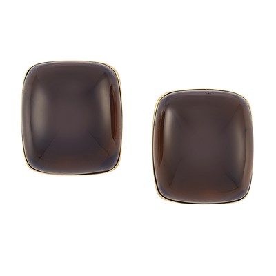 Lot 259 - Pair of Gold and Cabochon Smoky Quartz Earclips, Seaman Schepps