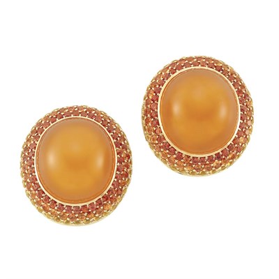 Lot 97 - Pair of Gold, Orange Chalcedony and Multicolored Sapphire Earrings
