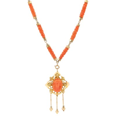 Lot 199 - Antique Low Karat Gold and Carved Coral Bead Necklace with Gold and Coral Cameo Pendant-Brooch and Pair of Pendant-Earclips