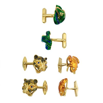 Lot 192 - Three Pairs of Gold and Enamel Animal Cufflinks