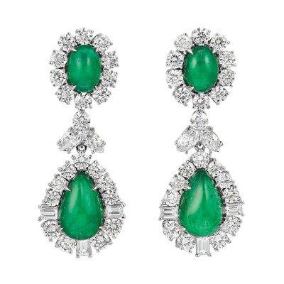 Lot 397 - Pair of White Gold, Cabochon Emerald and Diamond Pendant-Earrings