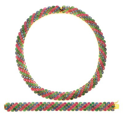 Lot 457 - Gold, Ruby, Sapphire and Emerald Necklace and Bracelet