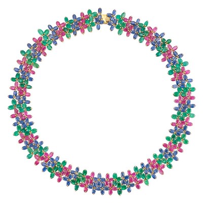 Lot 182 - Gold, Ruby, Sapphire and Emerald Floret Necklace