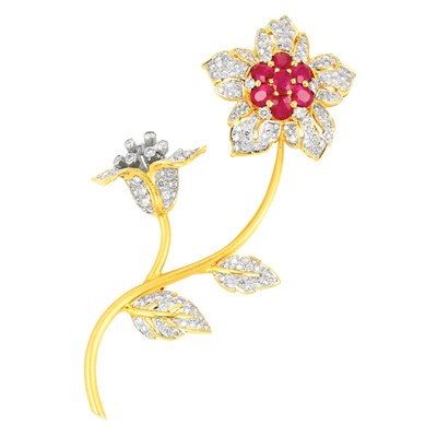 Lot 426 - Two-Color Gold, Ruby and Diamond Flower Brooch