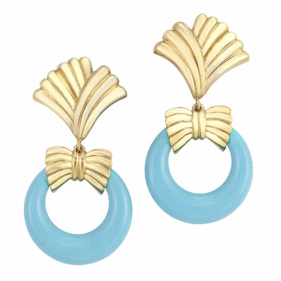 Lot 280 - Pair of Gold and Turquoise Pendant-Earrings with Three Pairs of Interchangeable Hardstone Hoops, Van Cleef & Arpels