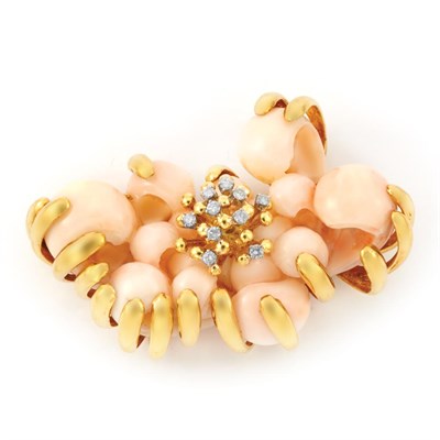 Lot 398 - Gold, Angel Skin Coral and Diamond Brooch, Cellino