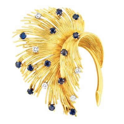 Lot 446 - Gold, Diamond and Sapphire Leaf Clip-Brooch