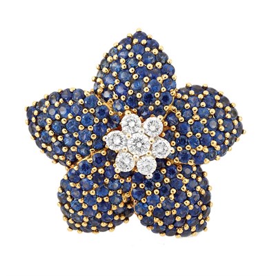 Lot 423 - Gold, Diamond and Sapphire Flower Pendant Clip-Brooch