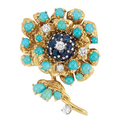 Lot 240 - Gold, Turquoise, Diamond and Sapphire Flower Brooch