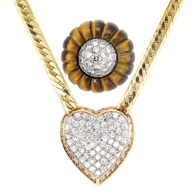 Lot 148 - Gold, Fluted Tiger's-Eye and Diamond Ring and Gold and Diamond Heart Pendant-Necklace