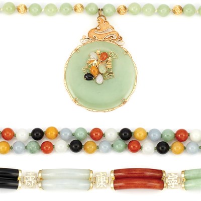 Lot 928 - Group of Multicolored Jade and Gold Jewelry