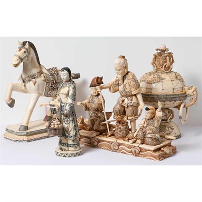 Lot 203 - Group of Six Asian Bone Veneered Figures and...