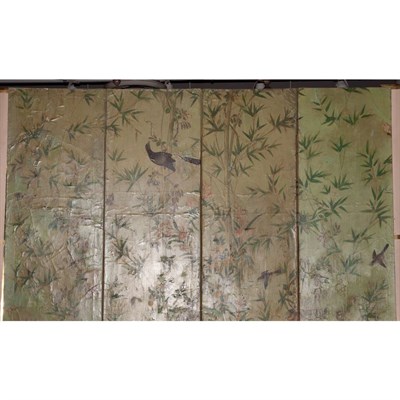 Lot 274 - Painted Wallpaper Four-Panel Screen Height 7...