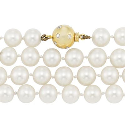 Lot 280 - Long Cultured Pearl Necklace with Gold and Diamond Ball Clasp
