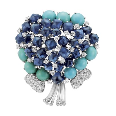 Lot 469 - Platinum, Sapphire, Turquoise and Diamond Bouquet Clip-Brooch, Verdura