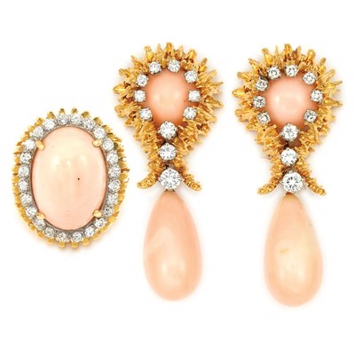 Lot 25 - Gold, Angel Skin Coral and Diamond Pendant-Earclips and Ring