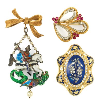 Lot 363 - Three Gold, Silver, Enamel, Diamond and Cabochon Ruby Pins and Enamel Pendant