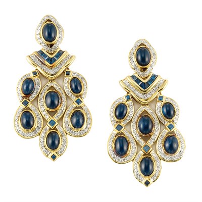 Lot 418 - Pair of Gold, Cabochon Sapphire, Sapphire and Diamond Pendant-Earclips