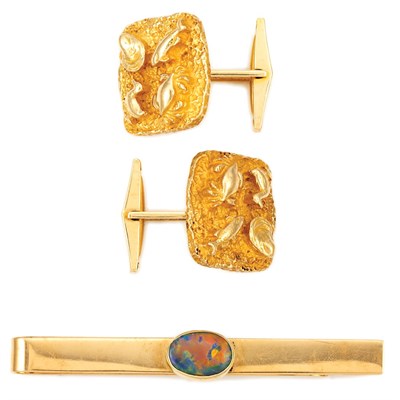 Lot 180 - Pair of Gold Cufflinks and Gold and Black Opal Tie Clip