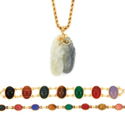 Lot 193 - Carved Bicolor Hardstone Pendant with Gold Rope-Twist Chain and Hardstone Intaglio Necklace and Bracelet