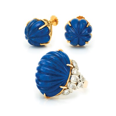 Lot 47 - Gold, Fluted Lapis and Diamond Ring and Pair of Earclips