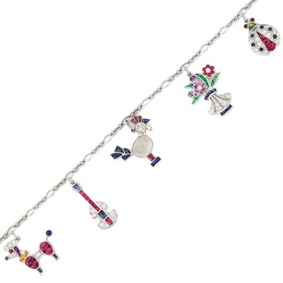 Lot 75 - White Gold, Diamond and Gem-Set Charm Bracelet