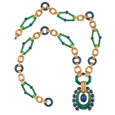 Lot 426 - Gold, Green Onyx and Lapis Pendant-Necklace, David Webb