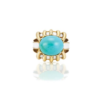 Lot 281 - Gold, Turquoise and White Enamel Ring, Tiffany & Co., Schlumberger