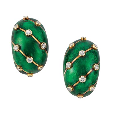 Lot 418 - Pair of Gold, Green Enamel and Diamond Bombe Earclips, Tiffany & Co., Schlumberger