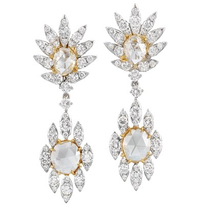 Lot 441 - Pair of Platinum, Gold and Diamond Pendant-Earrings