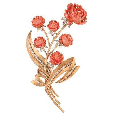 Lot 248 - Gold, Carved Coral and Diamond Flower Brooch