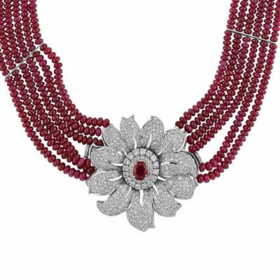 Lot 81 - Six Strand Ruby Bead, White Gold, Diamond and Ruby Flower Clip-Brooch Necklace