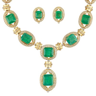 Lot 108 - Gold, Emerald and Diamond Necklace and Pair of Earrings