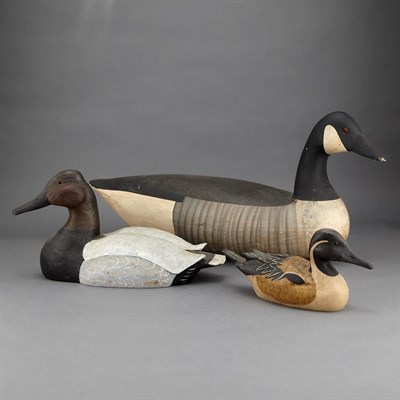 Lot 1195 - Group of Three Painted Wood Figures of Ducks...