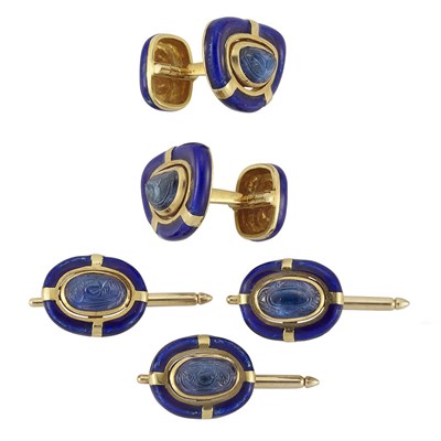 Lot 194 - Gold, Carved Sapphire and Blue Enamel Dress Set, David Webb