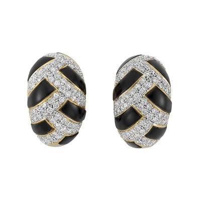 Lot 252 - Pair of Two-Color Gold, Diamond and Black Enamel Hoop Earclips