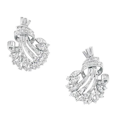 Lot 398 - Pair of Platinum and Diamond Bouquet Earclips