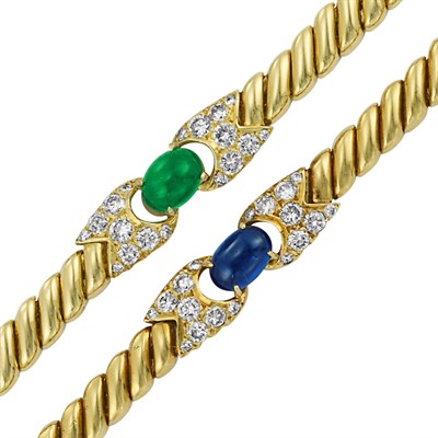 Lot 199 - Pair of Gold, Cabochon Emerald and Sapphire and Diamond Bracelets, Fred