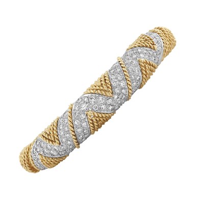 Lot 23 - Two-Color Gold and Diamond Bangle Bracelet