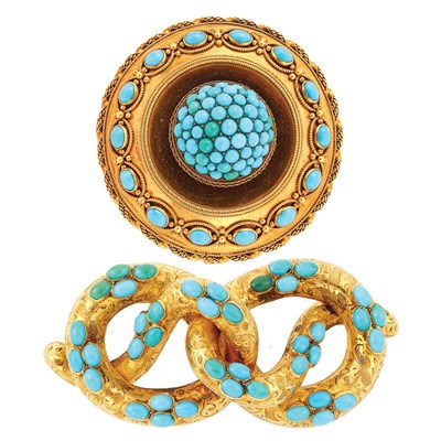 Lot 371 - Two Antique Gold and Turquoise Pins