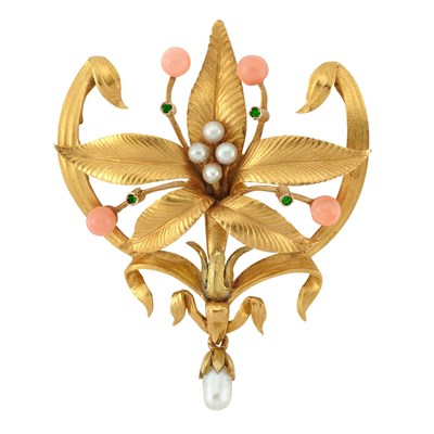 Lot 133 - Art Nouveau Gold, Coral, Demantoid Garnet, Seed Pearl and Freshwater Pearl Flower Brooch