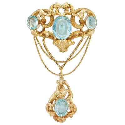 Lot 140 - Antique Gold and Aquamarine Swag Brooch