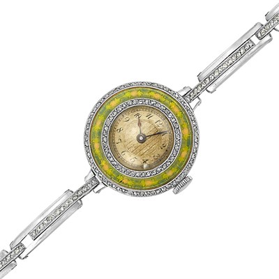 Lot 63 - Belle Epoque Platinum, Enamel and Diamond Wristwatch