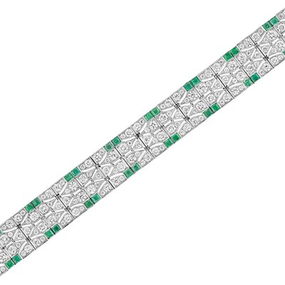 Lot 491 - Art Deco Platinum, Diamond and Emerald Bracelet