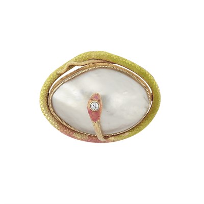 Lot 130 - Gold, Enamel, Blister Pearl and Diamond Serpent Pendant-Brooch