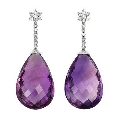 Lot 322 - Pair of White Gold, Diamond and Amethyst Briolette Pendant-Earrings
