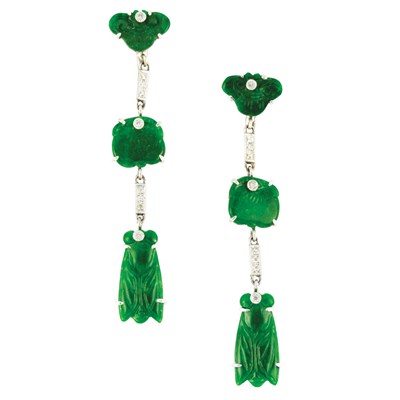 Lot 293 - Pair of White Gold, Carved Jade and Diamond Pendant-Earrings