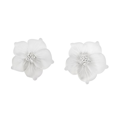 Lot 265 - Pair of White Gold, Carved Frosted Rock Crystal and Diamond Flower Earclips