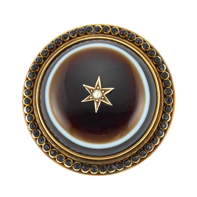 Lot 59 - Antique Gold, Banded Agate, Enamel and Split Pearl Brooch