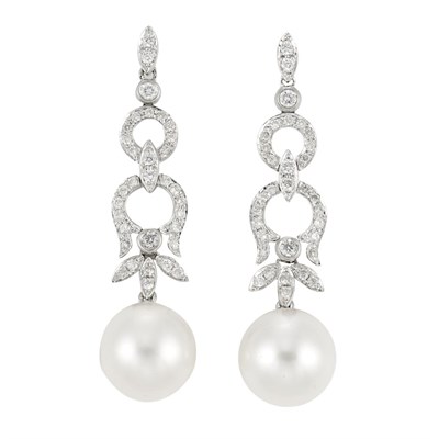 Lot 703 - Pair of White Gold, Diamond and Cultured Pearl Pendant-Earrings